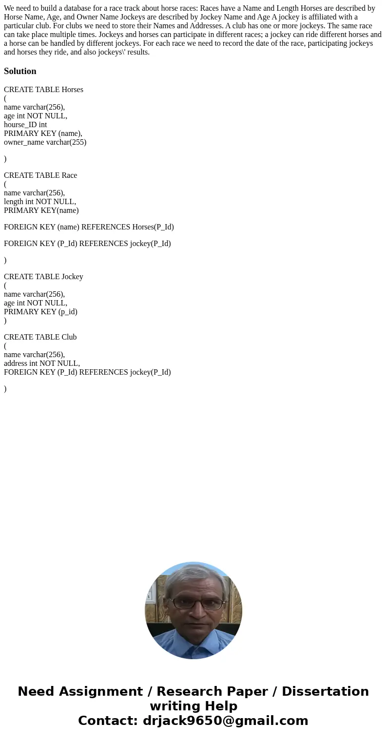 We need to build a database for a race track about horse races: Races have a Name and Length Horses are described by Horse Name, Age, and Owner Name Jockeys ar  We need to build a database for a race track about horse races: Races have a Name and Length Horses are described by Horse Name, Age, and Owner Name Jockeys ar