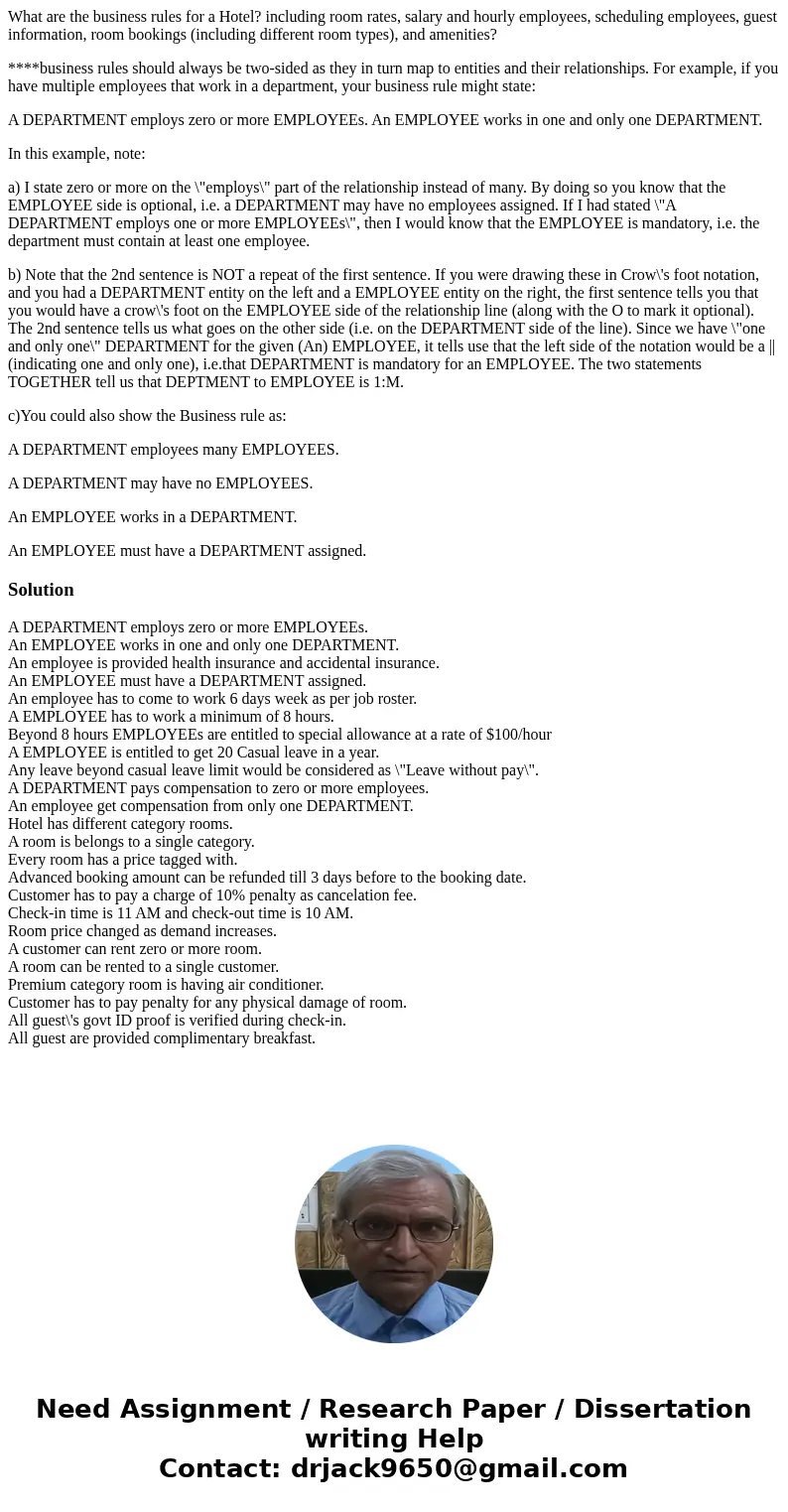 What are the business rules for a Hotel? including room rates, salary and hourly employees, scheduling employees, guest information, room bookings (including di