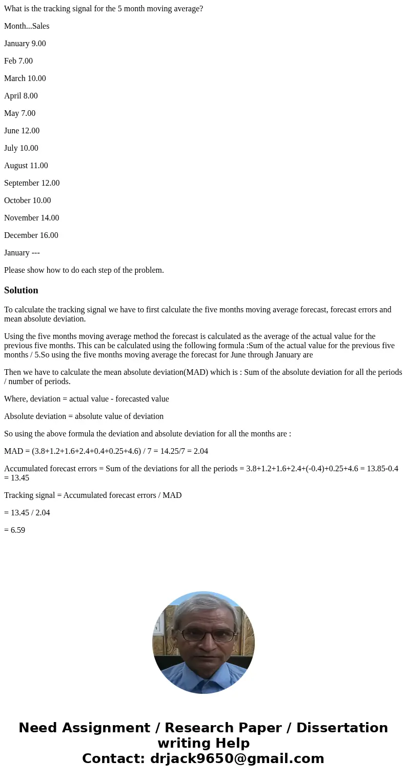 What is the tracking signal for the 5 month moving average? Month...Sales January 9.00 Feb 7.00 March 10.00 April 8.00 May 7.00 June 12.00 July 10.00 August 11. What is the tracking signal for the 5 month moving average? Month...Sales January 9.00 Feb 7.00 March 10.00 April 8.00 May 7.00 June 12.00 July 10.00 August 11.