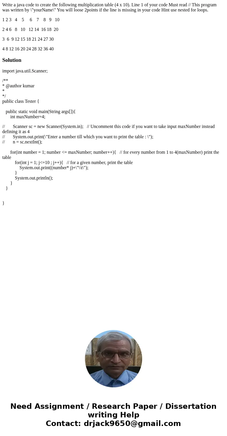 Write a java code to create the following multiplication table (4 x 10). Line 1 of your code Must read // This program was written by \ Write a java code to create the following multiplication table (4 x 10). Line 1 of your code Must read // This program was written by \