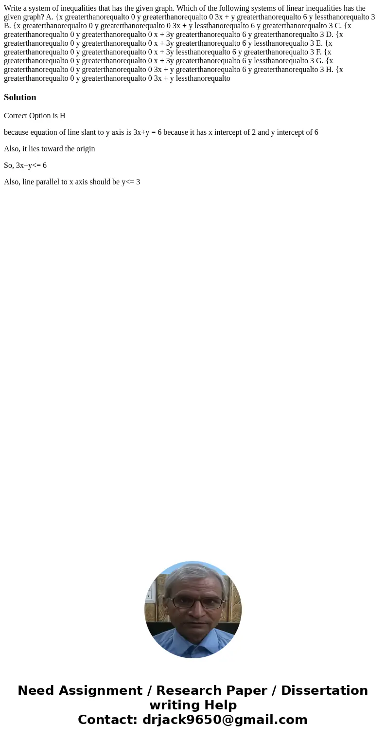 Write a system of inequalities that has the given graph. Which of the following systems of linear inequalities has the given graph? A. {x greaterthanorequalto   Write a system of inequalities that has the given graph. Which of the following systems of linear inequalities has the given graph? A. {x greaterthanorequalto