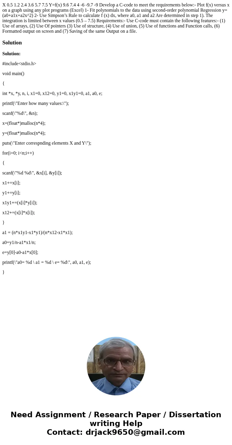 X 0.5 1.2 2.4 3.6 5.7 7.5 Y=f(x) 9.6 7.4 4 -6 -9.7 -9 Develop a C-code to meet the requirements below:- Plot f(x) versus x on a graph using any plot programs (E X 0.5 1.2 2.4 3.6 5.7 7.5 Y=f(x) 9.6 7.4 4 -6 -9.7 -9 Develop a C-code to meet the requirements below:- Plot f(x) versus x on a graph using any plot programs (E