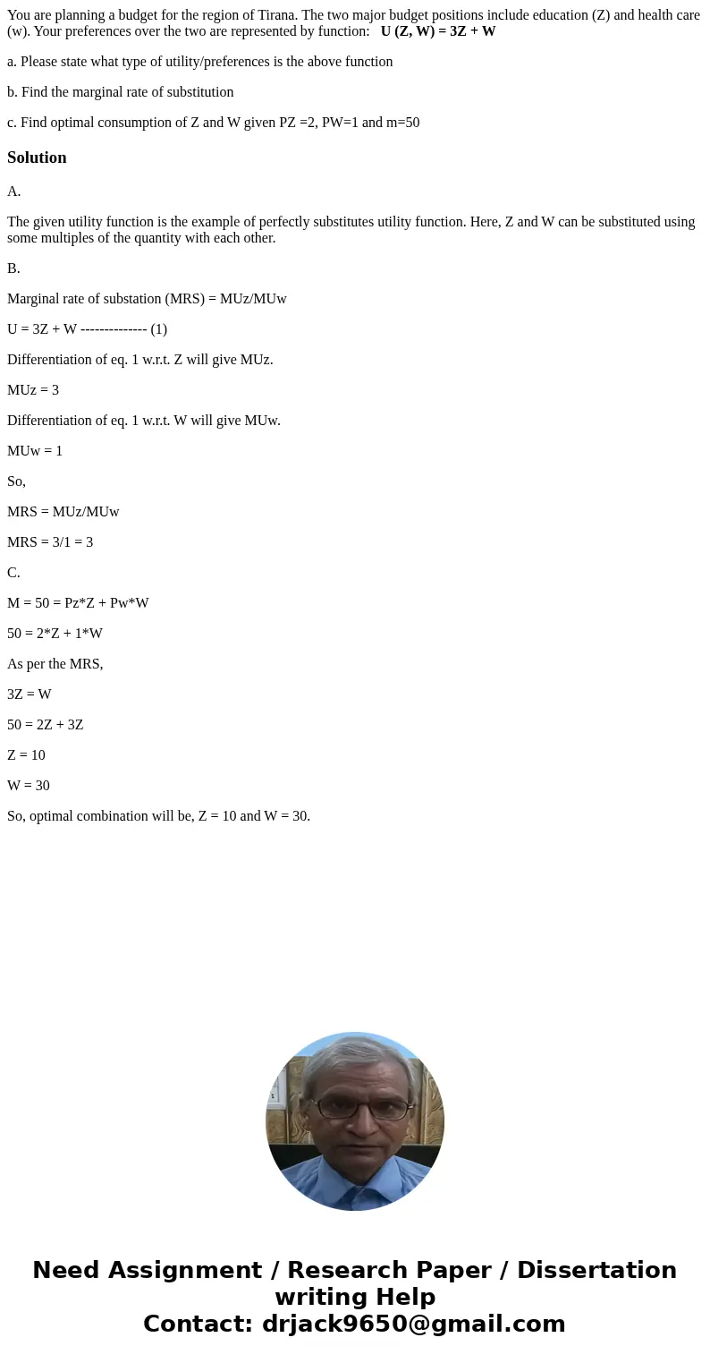 You are planning a budget for the region of Tirana. The two major budget positions include education (Z) and health care (w). Your preferences over the two are 