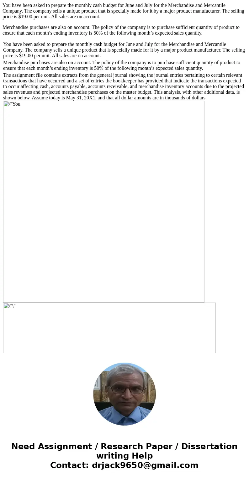 You have been asked to prepare the monthly cash budget for June and July for the Merchandise and Mercantile Company. The company sells a unique product that is 