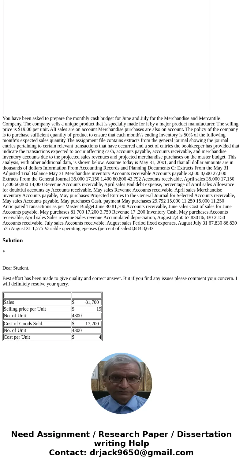 You have been asked to prepare the monthly cash budget for June and July for the Merchandise and Mercantile Company. The company sells a unique product that is 