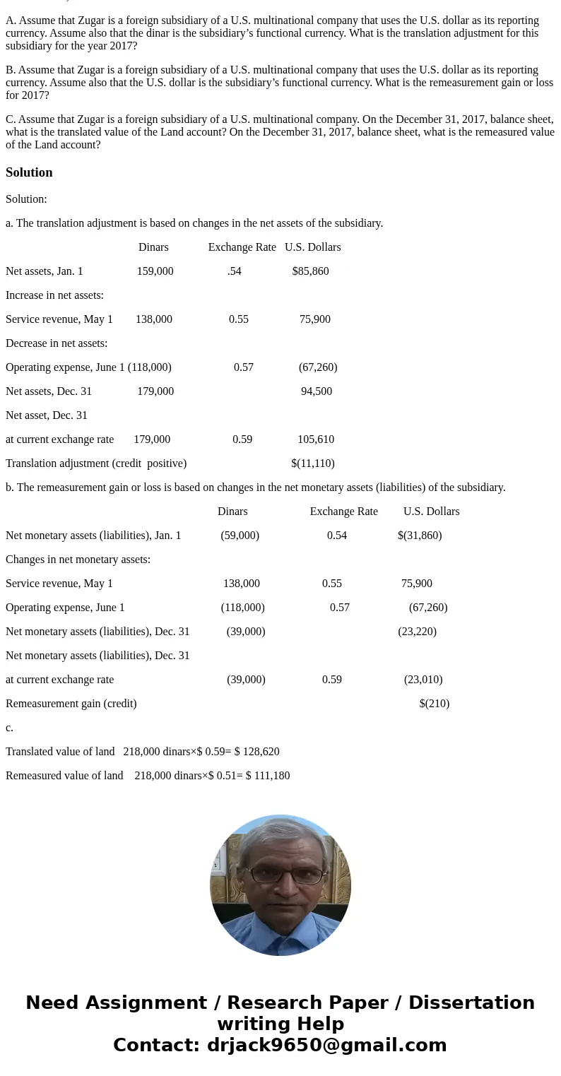 Zugar Company is domiciled in a country whose currency is the dinar. Zugar begins 2017 with three assets: cash of 27,200 dinars, accounts receivable of 81,800 d Zugar Company is domiciled in a country whose currency is the dinar. Zugar begins 2017 with three assets: cash of 27,200 dinars, accounts receivable of 81,800 d