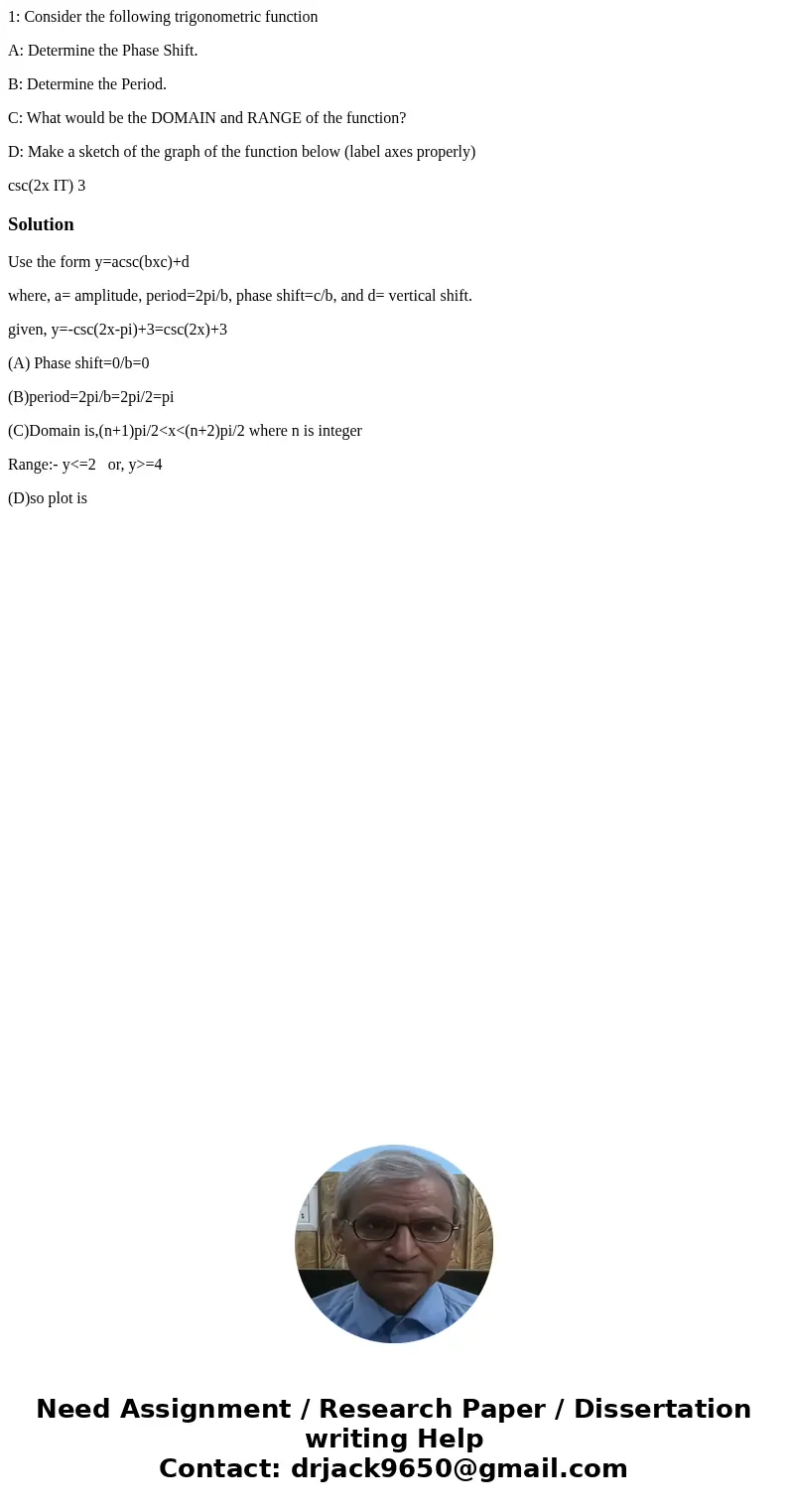 1: Consider the following trigonometric function A: Determine the Phase Shift. B: Determine the Period. C: What would be the DOMAIN and RANGE of the function? D