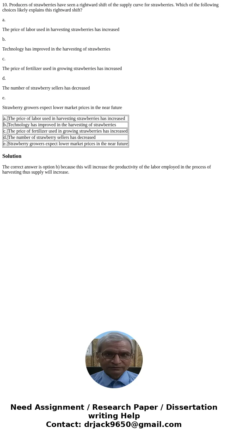 10. Producers of strawberries have seen a rightward shift of the supply curve for strawberries. Which of the following choices likely explains this rightward sh