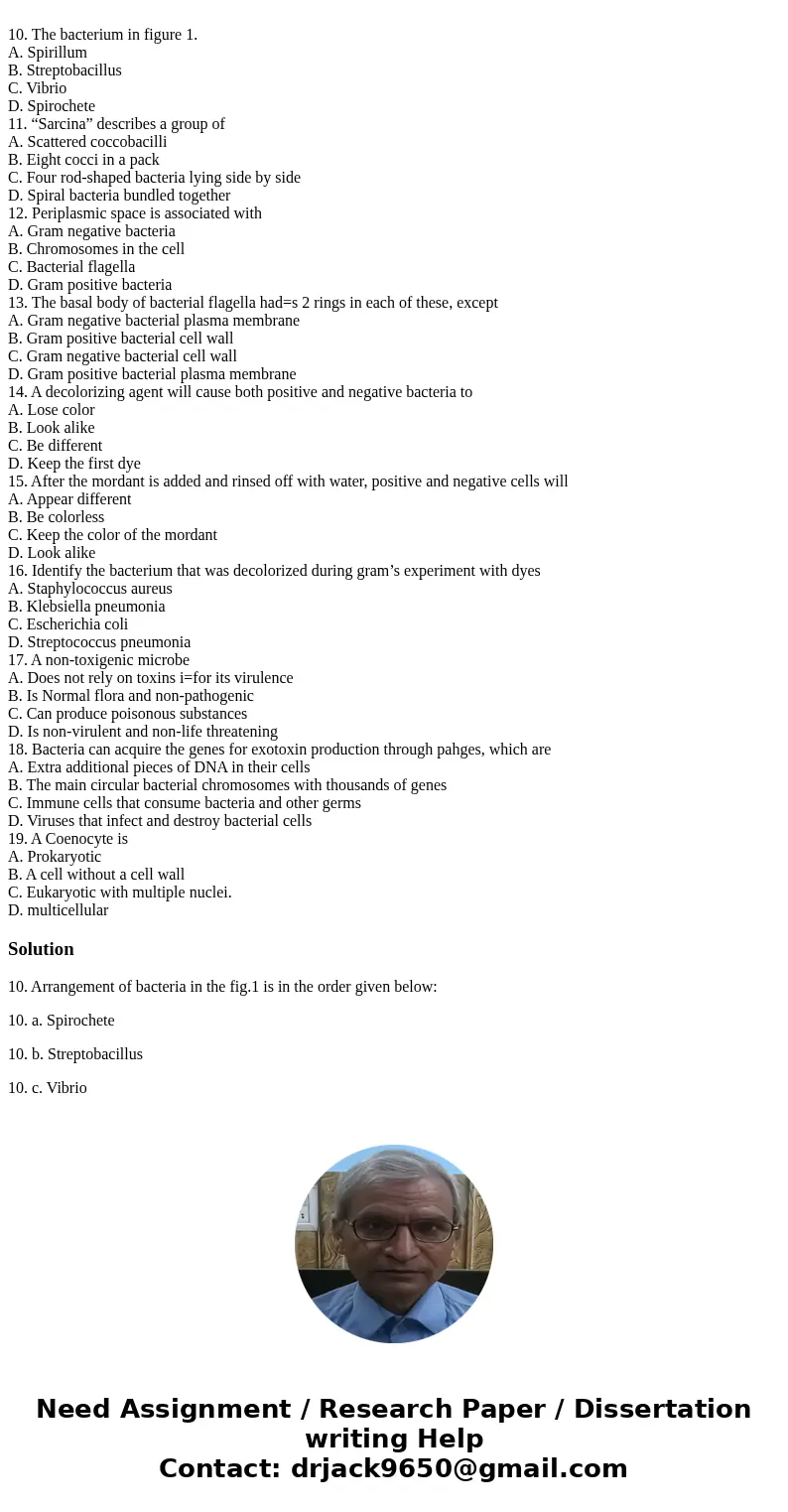  10. The bacterium in figure 1. A. Spirillum B. Streptobacillus C. Vibrio D. Spirochete 11. “Sarcina” describes a group of A. Scattered coccobacilli B. Eight co