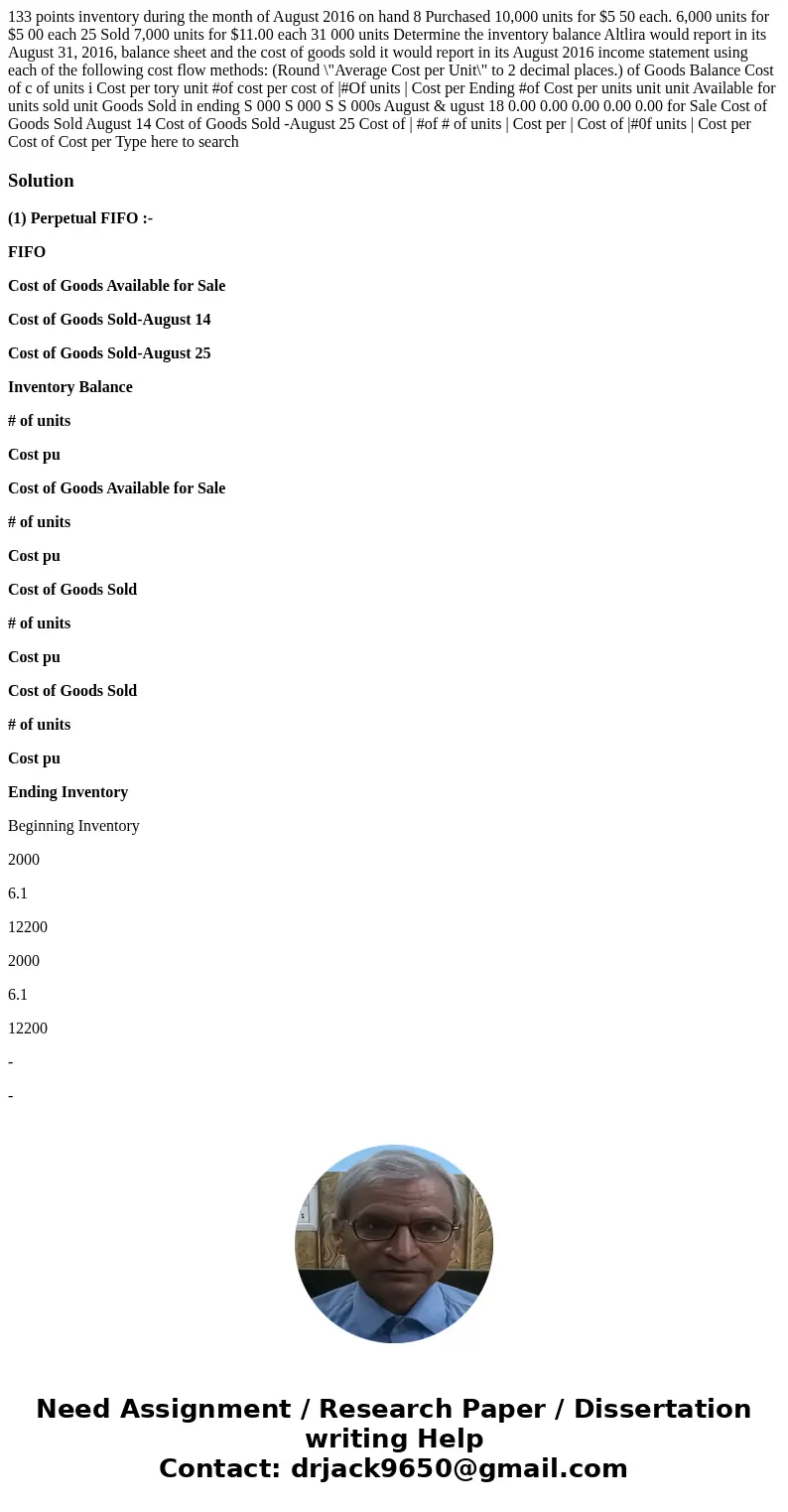  133 points inventory during the month of August 2016 on hand 8 Purchased 10,000 units for $5 50 each. 6,000 units for $5 00 each 25 Sold 7,000 units for $11.00