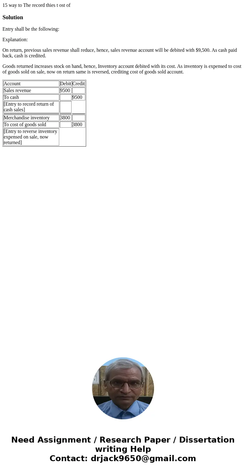 15 way to The record thies t ost of SolutionEntry shall be the following: Explanation: On return, previous sales revenue shall reduce, hence, sales revenue acc