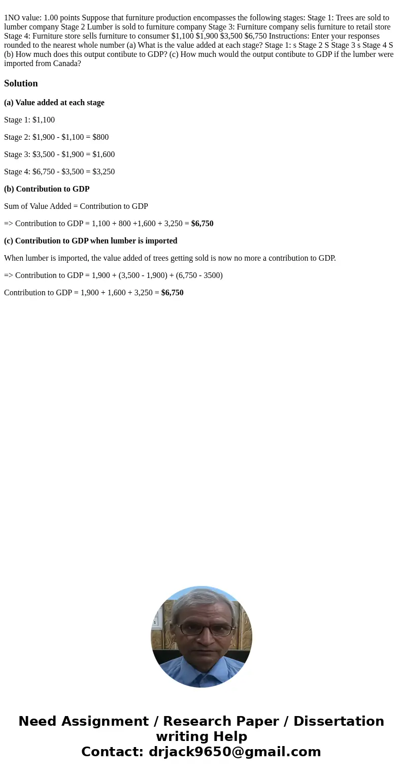 1NO value: 1.00 points Suppose that furniture production encompasses the following stages: Stage 1: Trees are sold to lumber company Stage 2 Lumber is sold to   1NO value: 1.00 points Suppose that furniture production encompasses the following stages: Stage 1: Trees are sold to lumber company Stage 2 Lumber is sold to