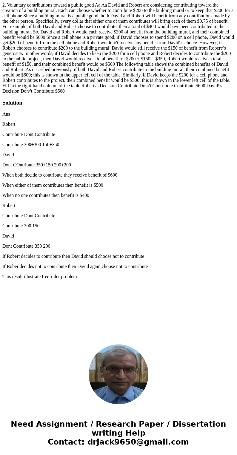 2. Voluntary contributions toward a public good Aa Aa David and Robert are considering contributing toward the creation of a building mural. Each can choose wh  2. Voluntary contributions toward a public good Aa Aa David and Robert are considering contributing toward the creation of a building mural. Each can choose wh