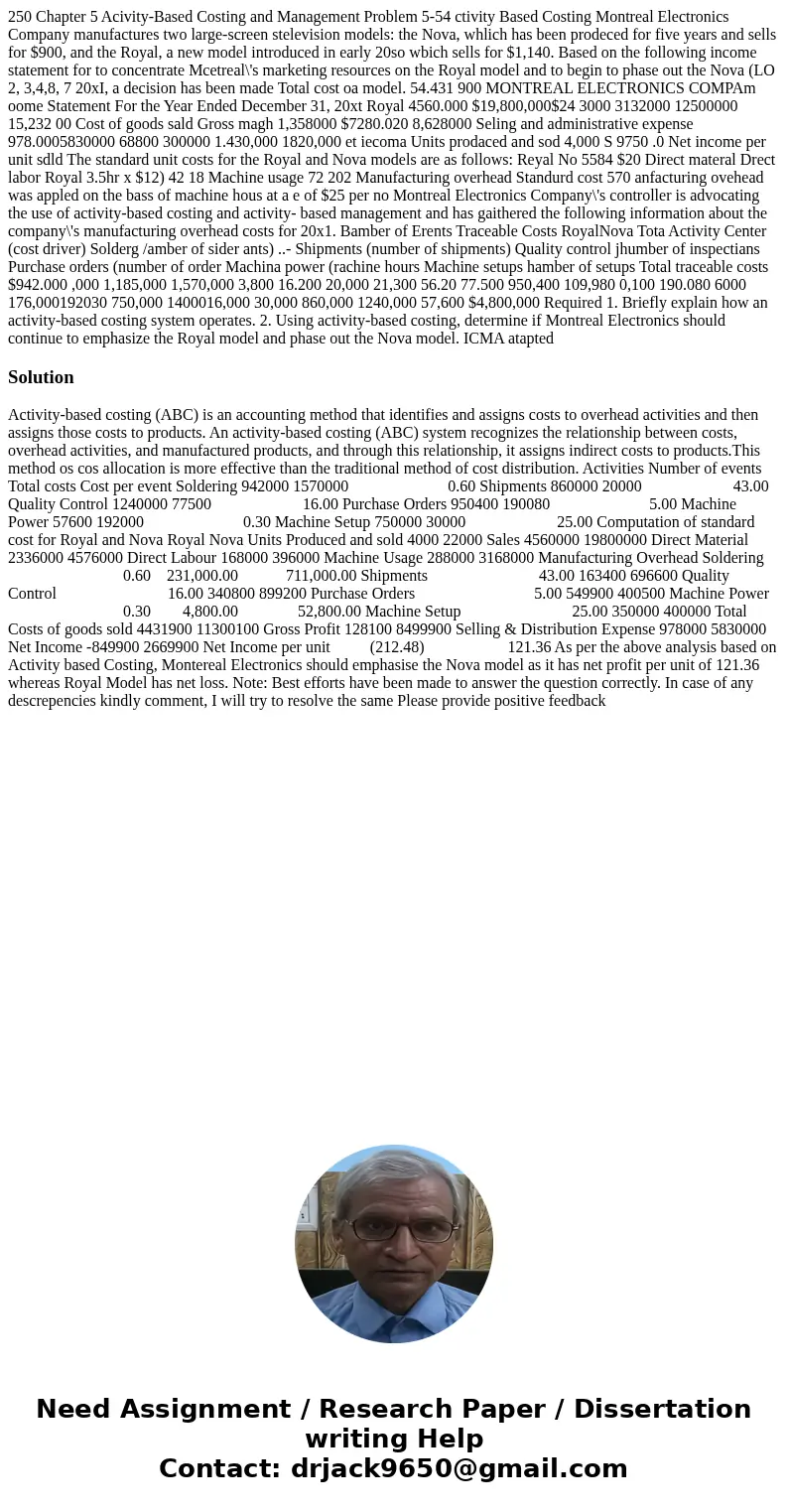 250 Chapter 5 Acivity-Based Costing and Management Problem 5-54 ctivity Based Costing Montreal Electronics Company manufactures two large-screen stelevision mo  250 Chapter 5 Acivity-Based Costing and Management Problem 5-54 ctivity Based Costing Montreal Electronics Company manufactures two large-screen stelevision mo