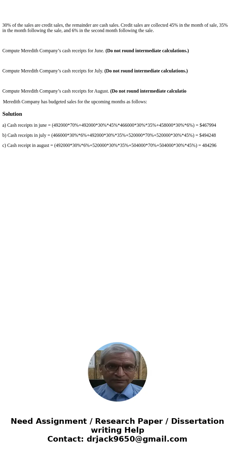 30% of the sales are credit sales, the remainder are cash sales. Credit sales are collected 45% in the month of sale, 35% in the month following the sale, and 