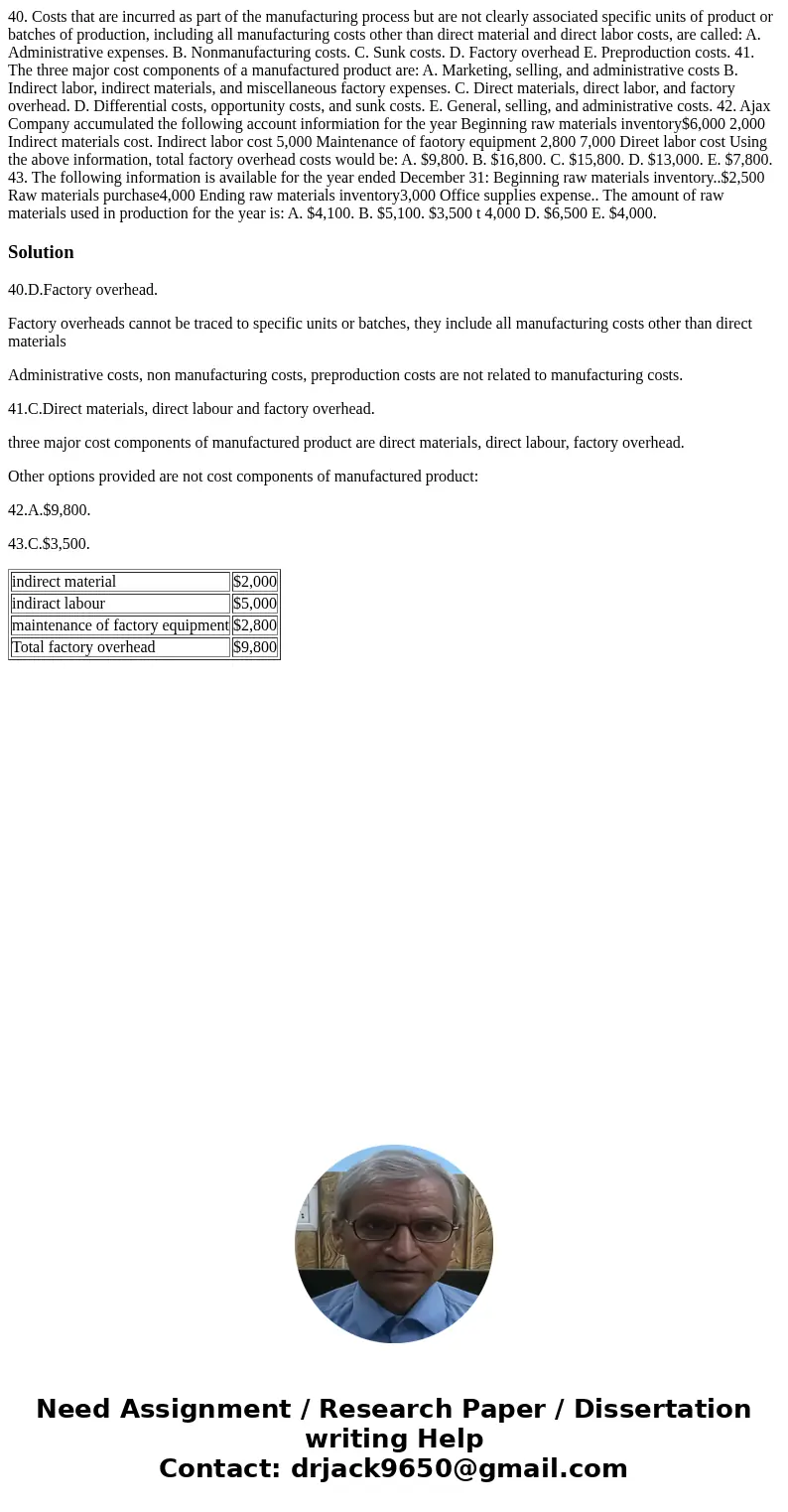 40. Costs that are incurred as part of the manufacturing process but are not clearly associated specific units of product or batches of production, including a  40. Costs that are incurred as part of the manufacturing process but are not clearly associated specific units of product or batches of production, including a