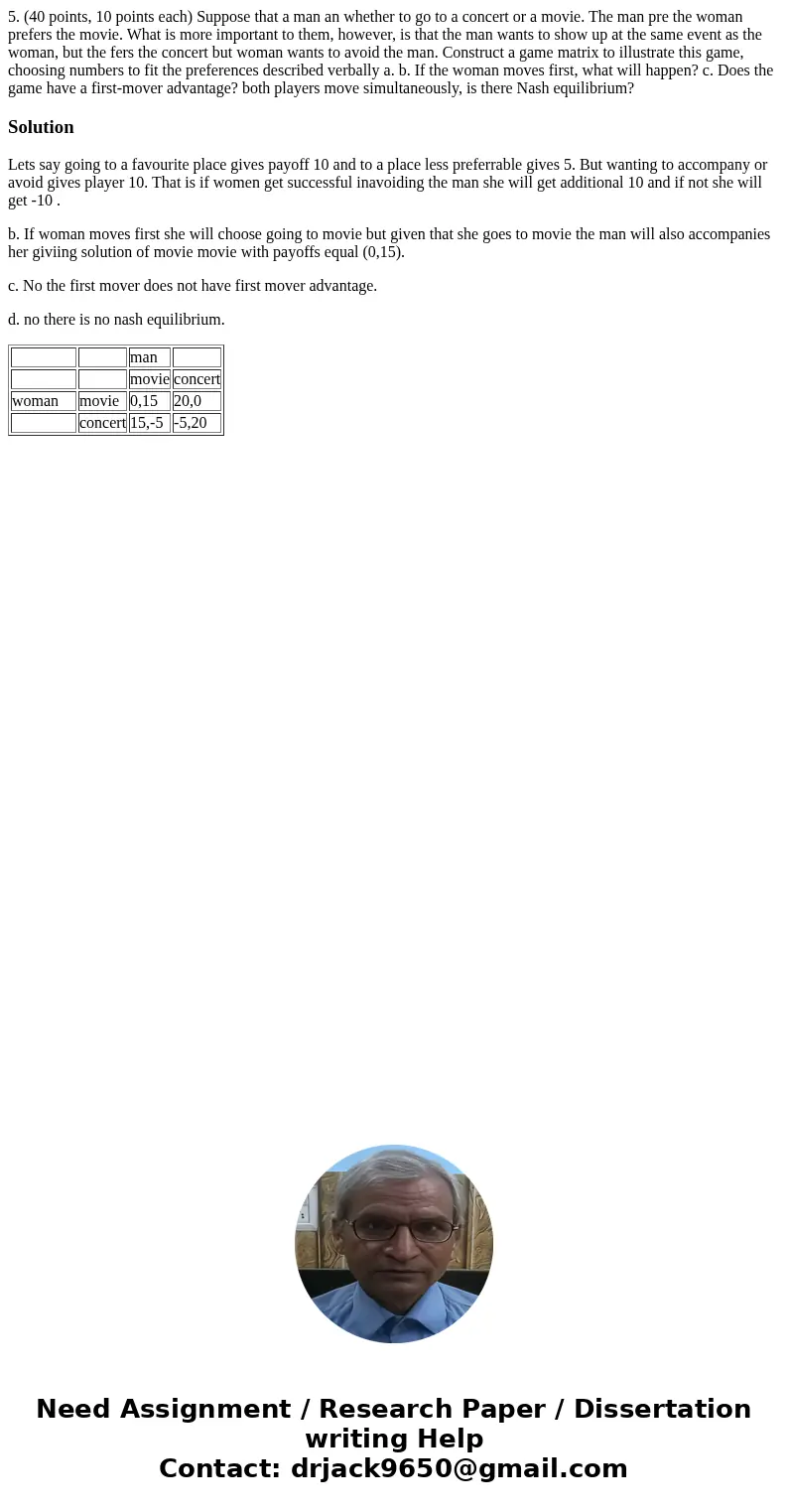  5. (40 points, 10 points each) Suppose that a man an whether to go to a concert or a movie. The man pre the woman prefers the movie. What is more important to 