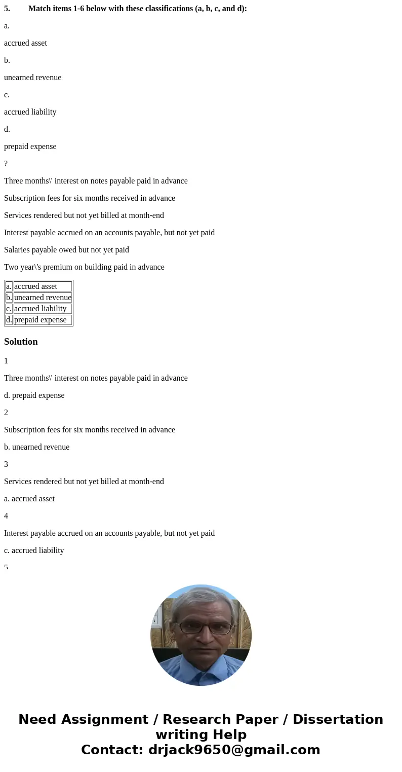 5. Match items 1-6 below with these classifications (a, b, c, and d): a. accrued asset b. unearned revenue c. accrued liability d. prepaid expense ? Three month 5. Match items 1-6 below with these classifications (a, b, c, and d): a. accrued asset b. unearned revenue c. accrued liability d. prepaid expense ? Three month
