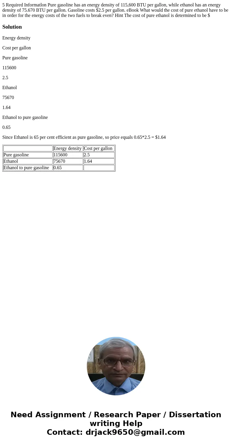 5 Required Informatlon Pure gasoline has an energy density of 115,600 BTU per gallon, while ethanol has an energy density of 75.670 BTU per gallon. Gasoline co  5 Required Informatlon Pure gasoline has an energy density of 115,600 BTU per gallon, while ethanol has an energy density of 75.670 BTU per gallon. Gasoline co