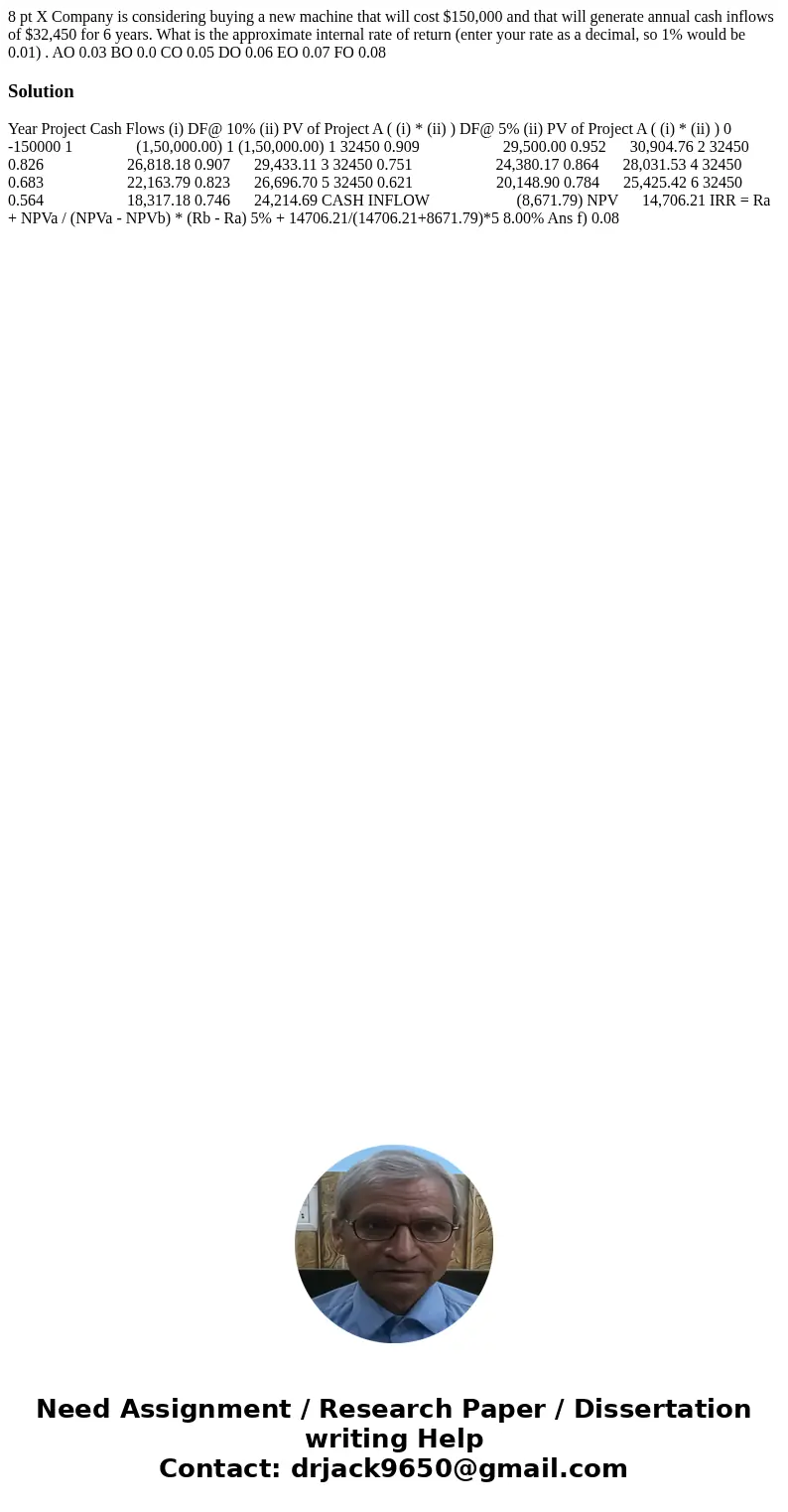  8 pt X Company is considering buying a new machine that will cost $150,000 and that will generate annual cash inflows of $32,450 for 6 years. What is the appro