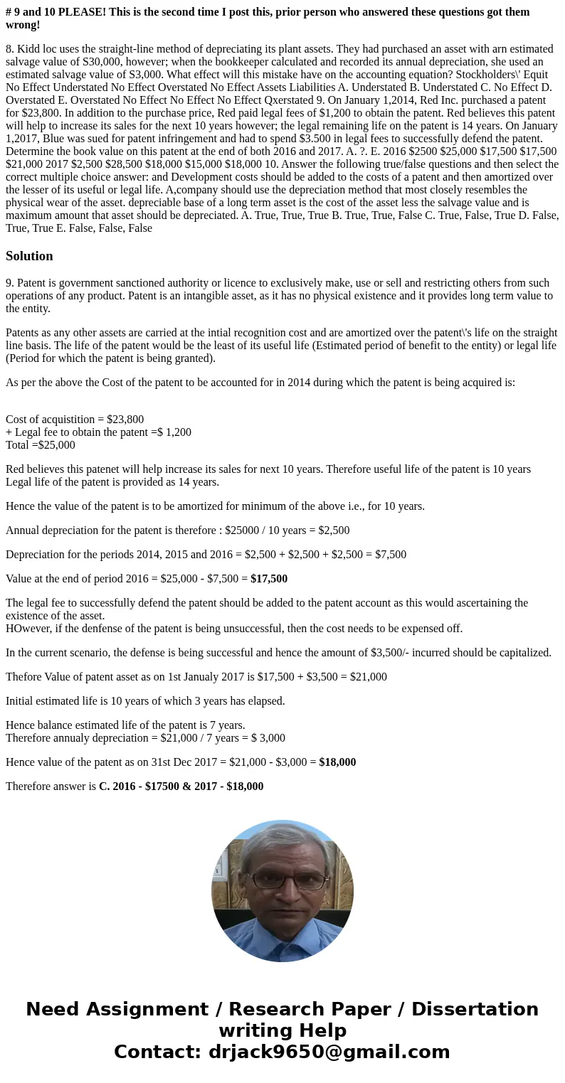 # 9 and 10 PLEASE! This is the second time I post this, prior person who answered these questions got them wrong! 8. Kidd loc uses the straight-line method of d