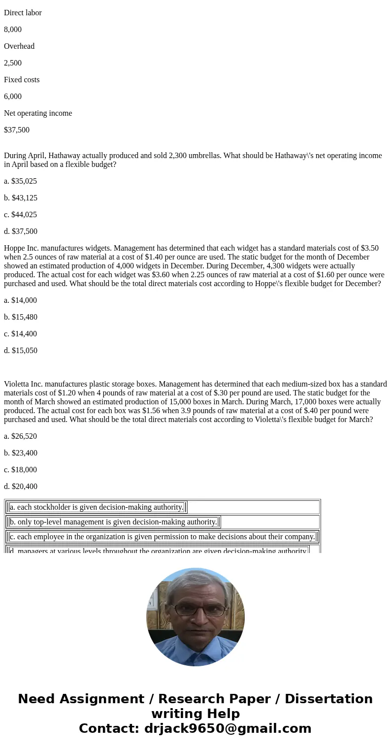 A decentralized organization is one in which: a. each stockholder is given decision-making authority. b. only top-level management is given decision-making auth A decentralized organization is one in which: a. each stockholder is given decision-making authority. b. only top-level management is given decision-making auth