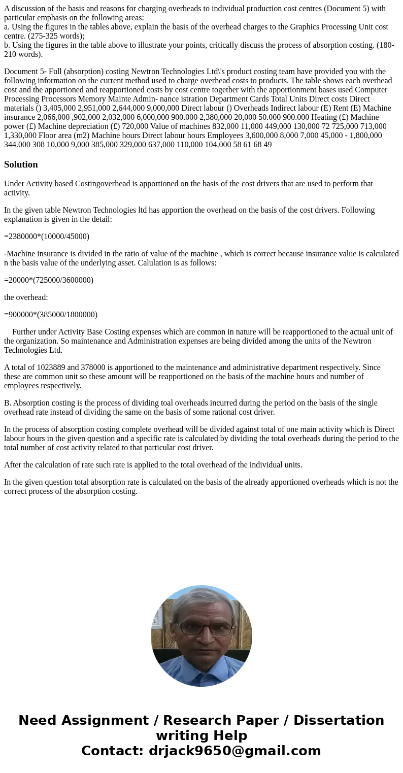 A discussion of the basis and reasons for charging overheads to individual production cost centres (Document 5) with particular emphasis on the following areas: A discussion of the basis and reasons for charging overheads to individual production cost centres (Document 5) with particular emphasis on the following areas: