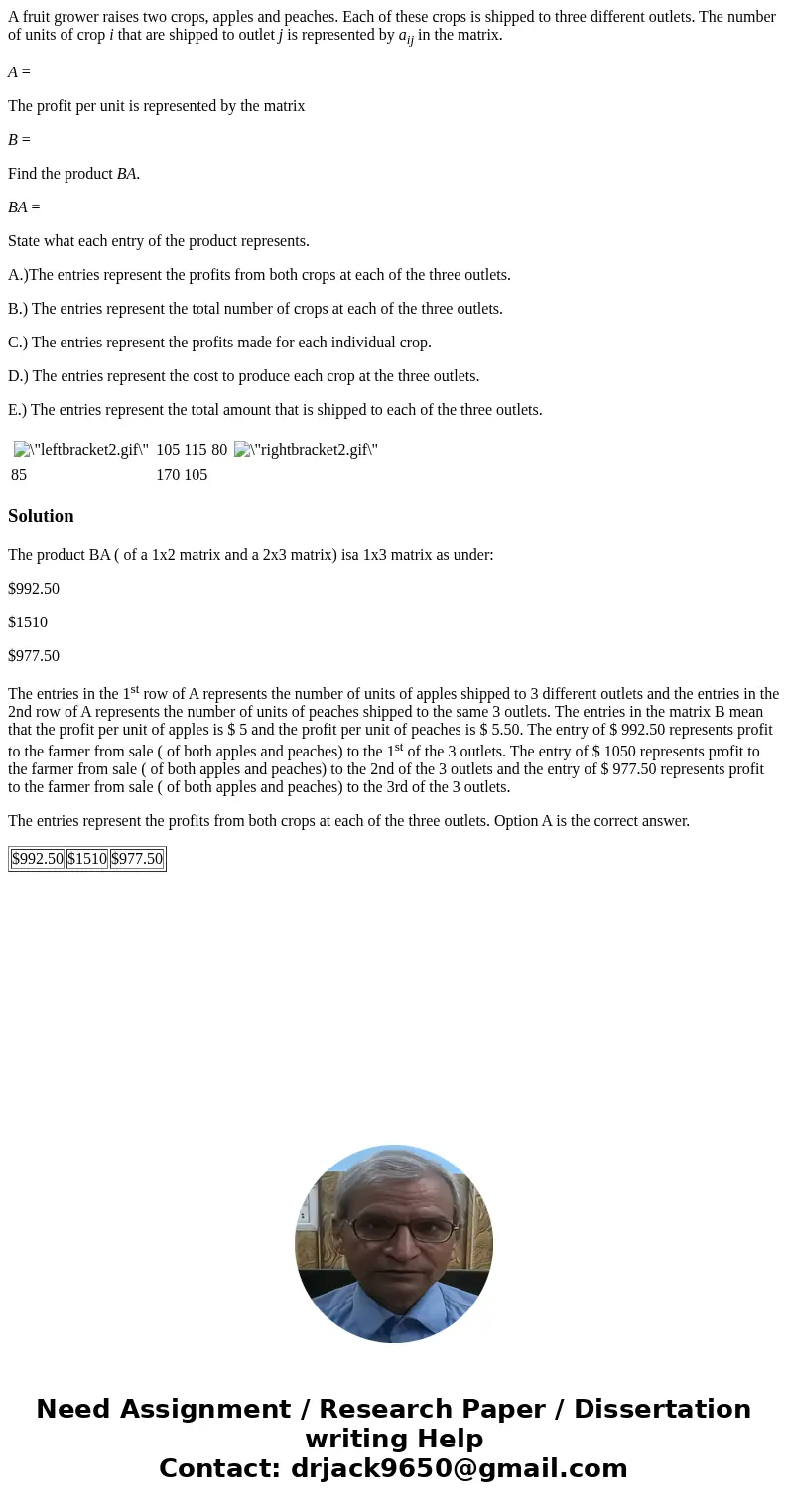 A fruit grower raises two crops, apples and peaches. Each of these crops is shipped to three different outlets. The number of units of crop i that are shipped t