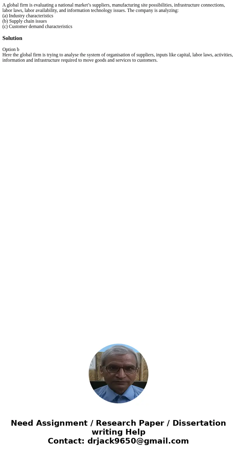 A global firm is evaluating a national market’s suppliers, manufacturing site possibilities, infrastructure connections, labor laws, labor availability, and inf A global firm is evaluating a national market’s suppliers, manufacturing site possibilities, infrastructure connections, labor laws, labor availability, and inf