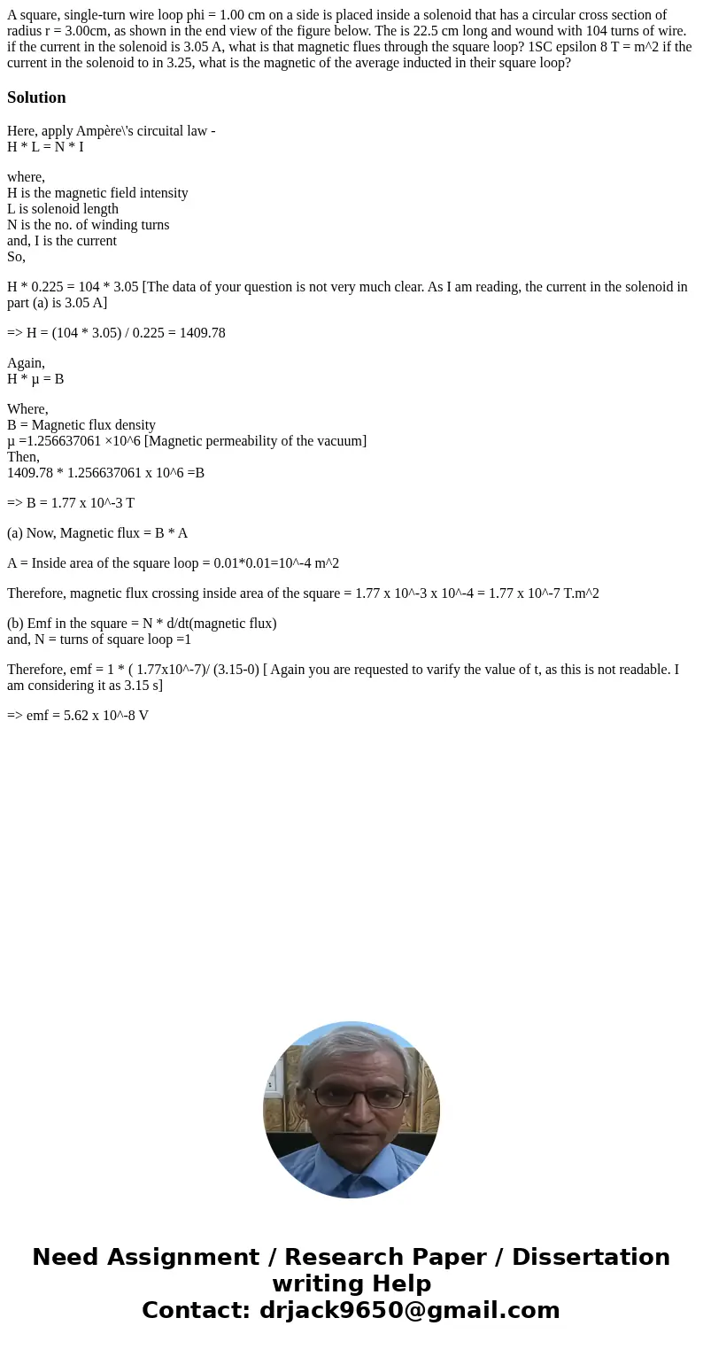 A square, single-turn wire loop phi = 1.00 cm on a side is placed inside a solenoid that has a circular cross section of radius r = 3.00cm, as shown in the end  A square, single-turn wire loop phi = 1.00 cm on a side is placed inside a solenoid that has a circular cross section of radius r = 3.00cm, as shown in the end