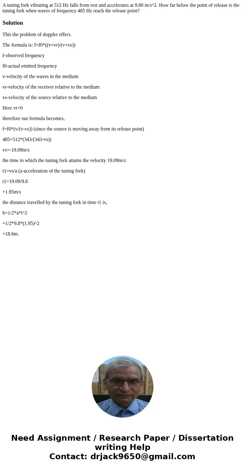 A tuning fork vibrating at 512 Hz falls from rest and accelerates at 9.80 m/s^2. How far below the point of release is the tuning fork when waves of frequency   A tuning fork vibrating at 512 Hz falls from rest and accelerates at 9.80 m/s^2. How far below the point of release is the tuning fork when waves of frequency