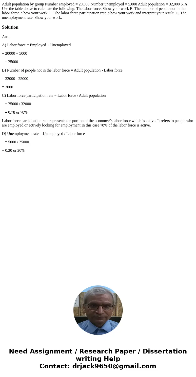  Adult population by group Number employed = 20,000 Number unemployed = 5,000 Adult population = 32,000 5. A. Use the table above to calculate the following: Th