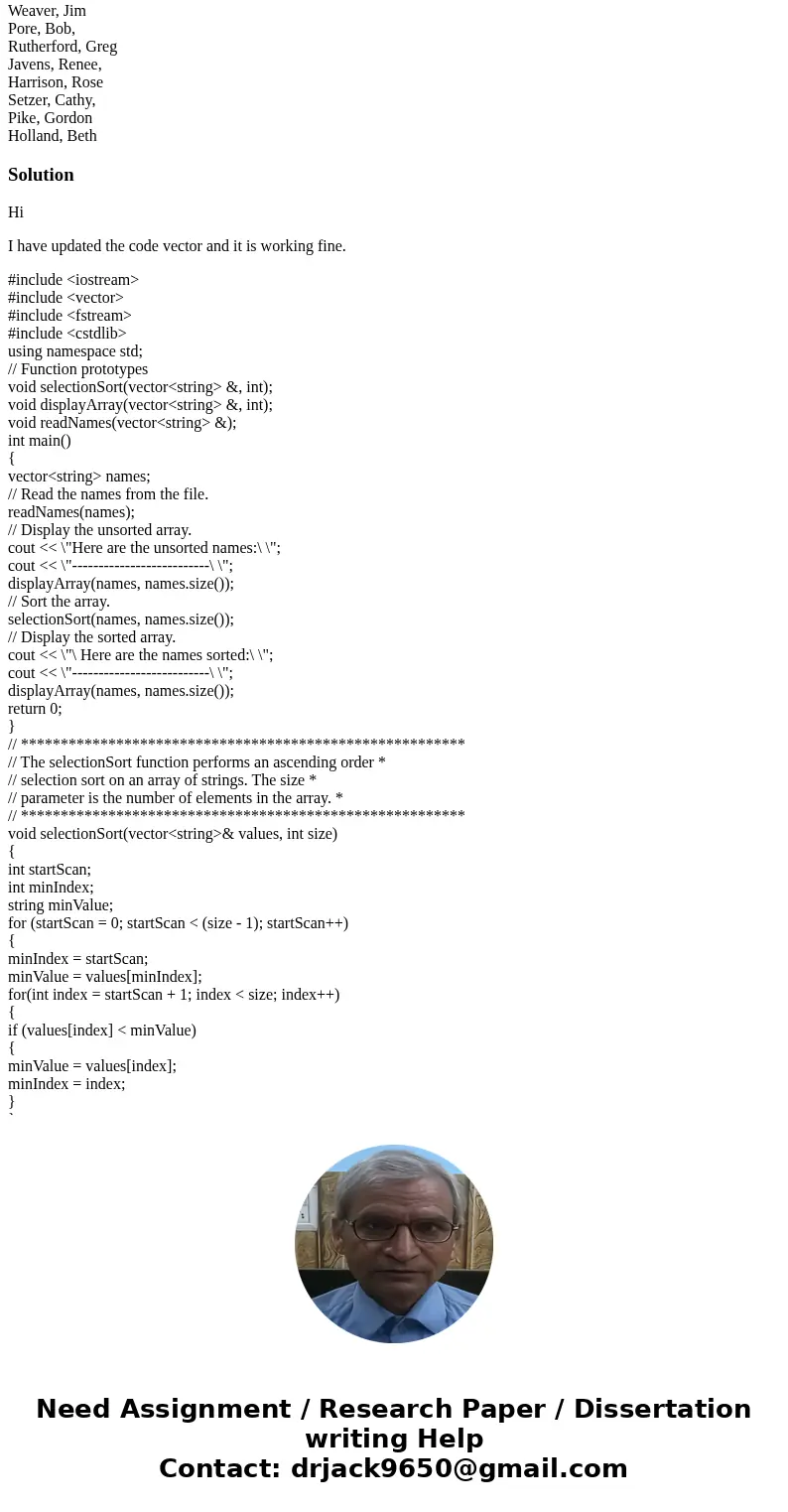 Array based application #include <iostream> #include <string> #include <fstream> using namespace std; // Function prototypes void selectionSor Array based application #include <iostream> #include <string> #include <fstream> using namespace std; // Function prototypes void selectionSor