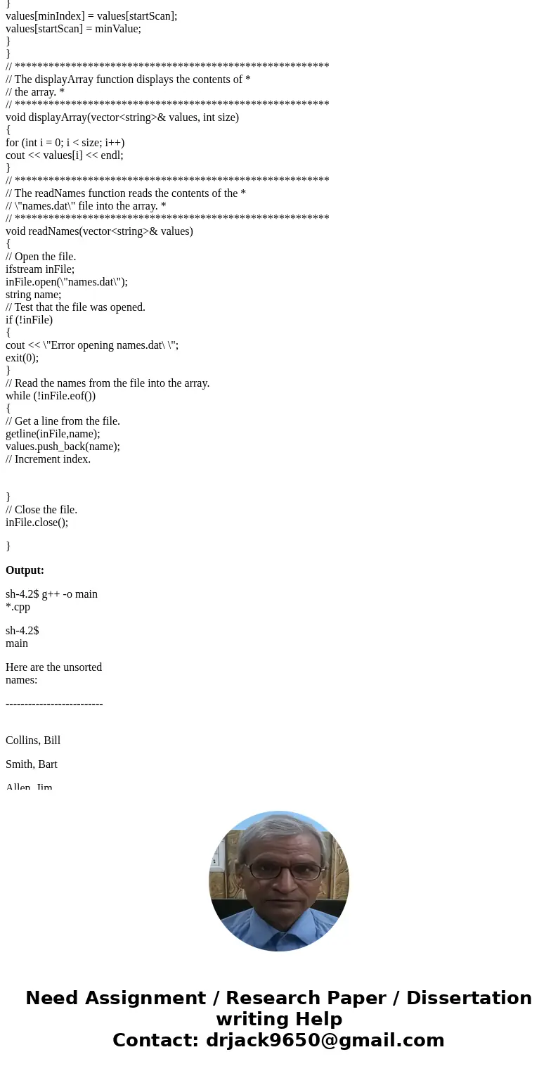 Array based application #include <iostream> #include <string> #include <fstream> using namespace std; // Function prototypes void selectionSor Array based application #include <iostream> #include <string> #include <fstream> using namespace std; // Function prototypes void selectionSor