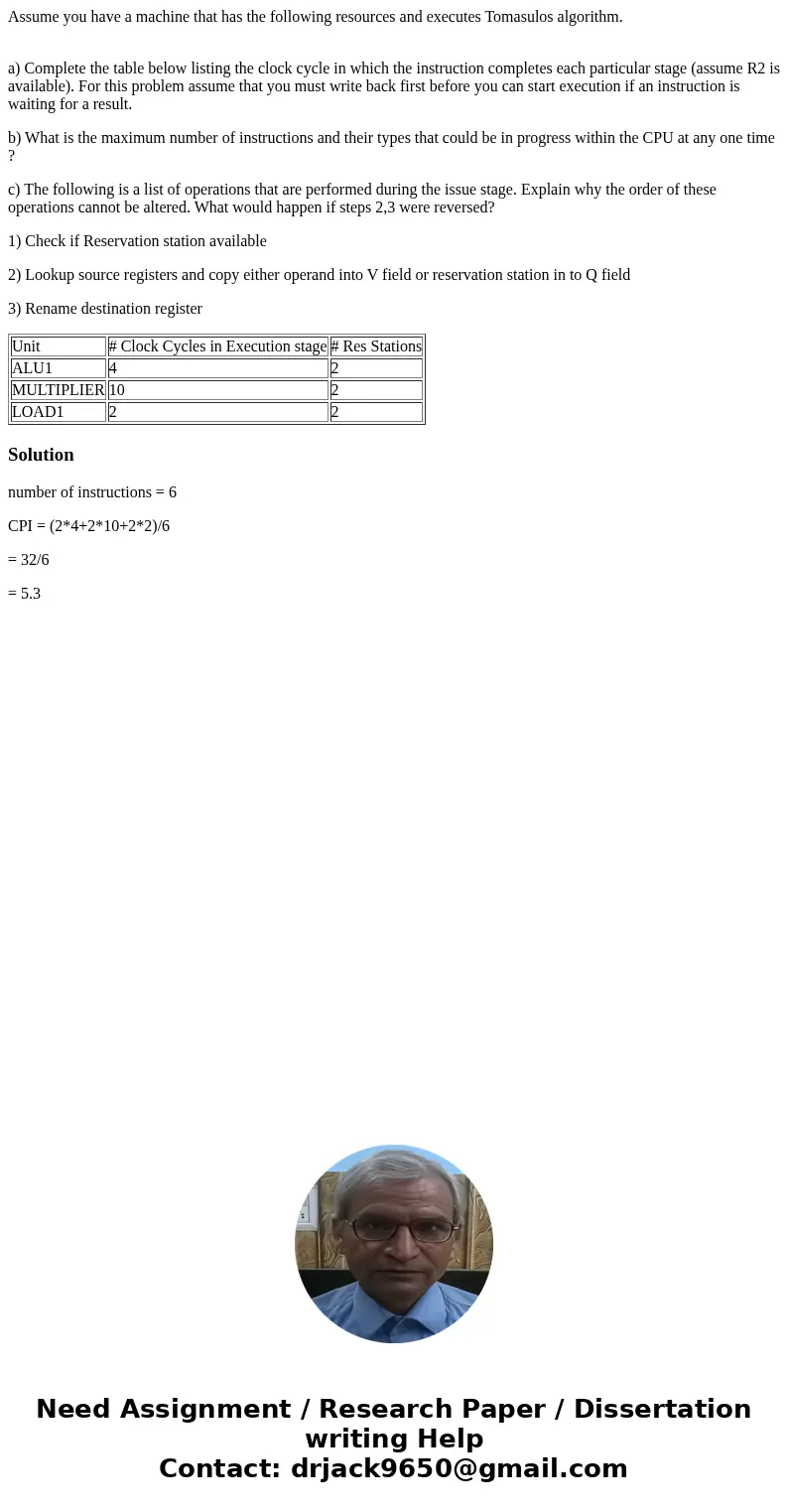Assume you have a machine that has the following resources and executes Tomasulos algorithm. a) Complete the table below listing the clock cycle in which the in Assume you have a machine that has the following resources and executes Tomasulos algorithm. a) Complete the table below listing the clock cycle in which the in