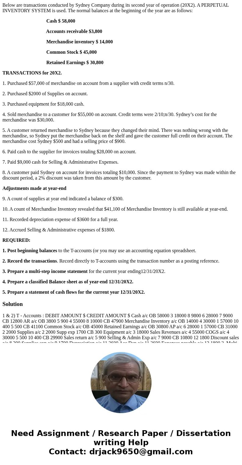 Below are transactions conducted by Sydney Company during its second year of operation (20X2). A PERPETUAL INVENTORY SYSTEM is used. The normal balances at the 