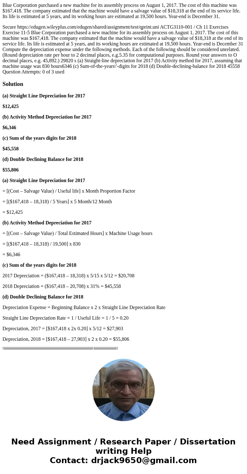 Blue Corporation purchased a new machine for its assembly process on August 1, 2017. The cost of this machine was $167,418. The company estimated that the machi Blue Corporation purchased a new machine for its assembly process on August 1, 2017. The cost of this machine was $167,418. The company estimated that the machi