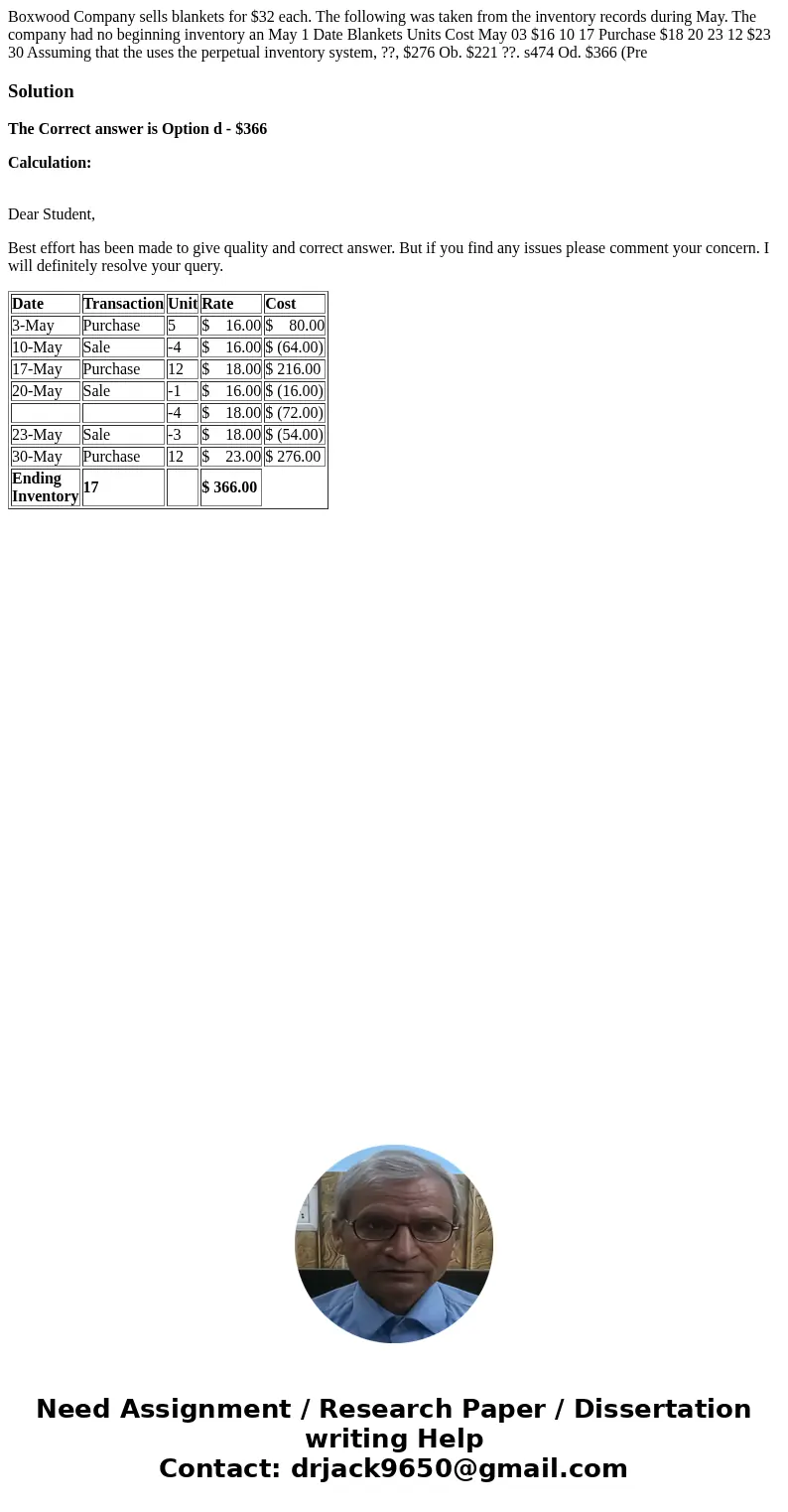  Boxwood Company sells blankets for $32 each. The following was taken from the inventory records during May. The company had no beginning inventory an May 1 Dat