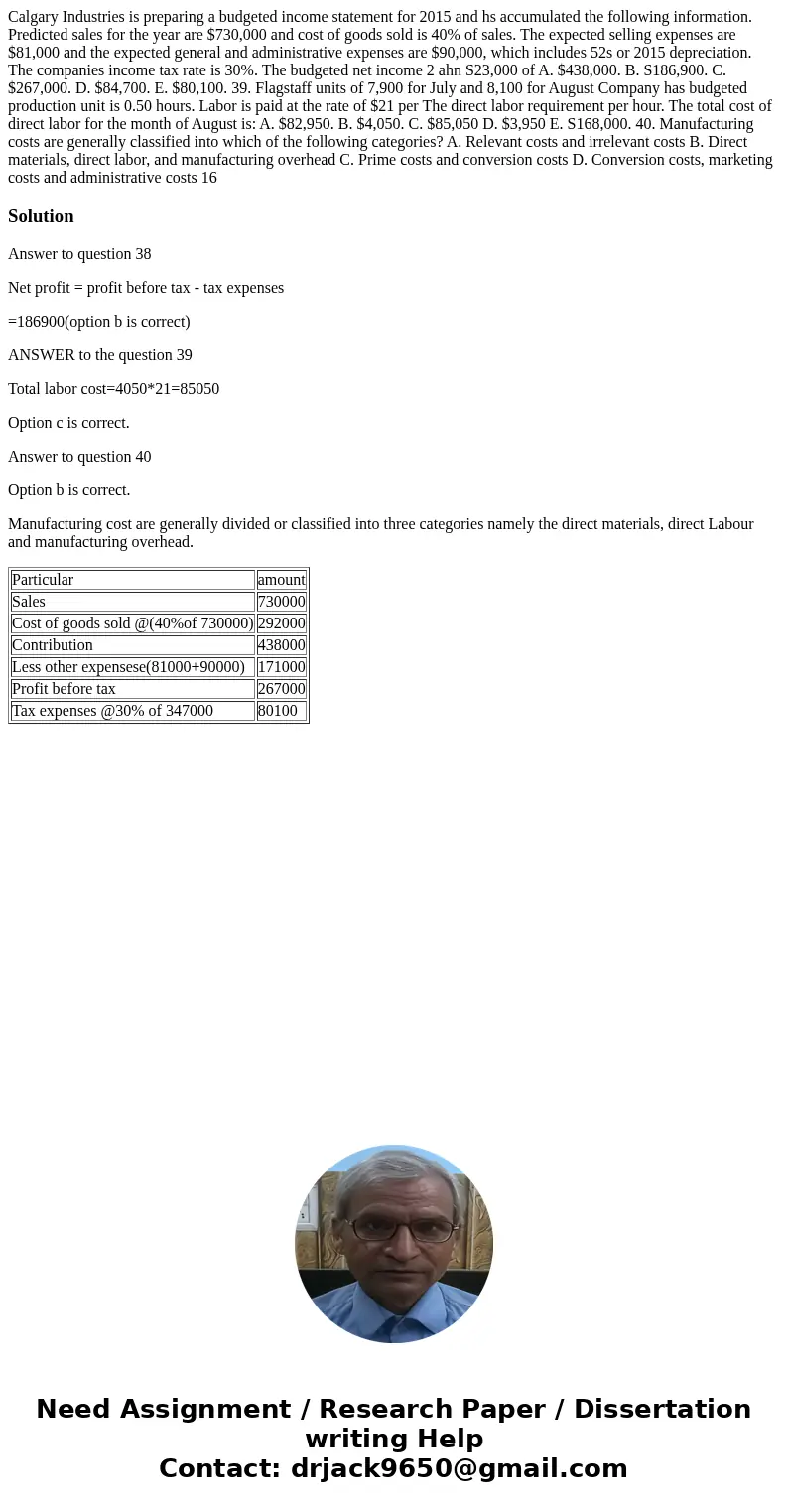 Calgary Industries is preparing a budgeted income statement for 2015 and hs accumulated the following information. Predicted sales for the year are $730,000 an  Calgary Industries is preparing a budgeted income statement for 2015 and hs accumulated the following information. Predicted sales for the year are $730,000 an
