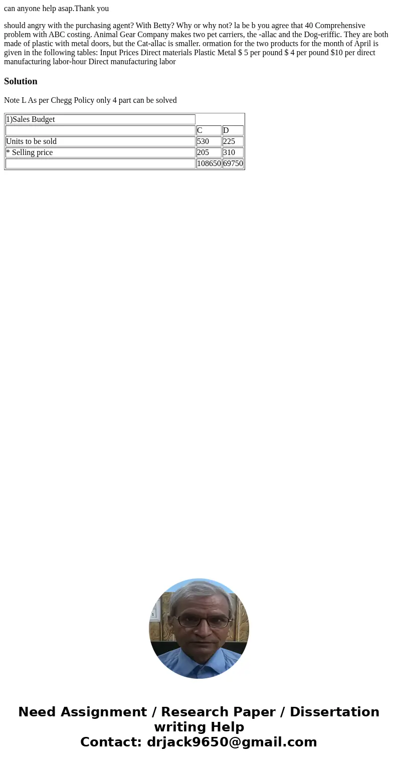 can anyone help asap.Thank you should angry with the purchasing agent? With Betty? Why or why not? la be b you agree that 40 Comprehensive problem with ABC cos