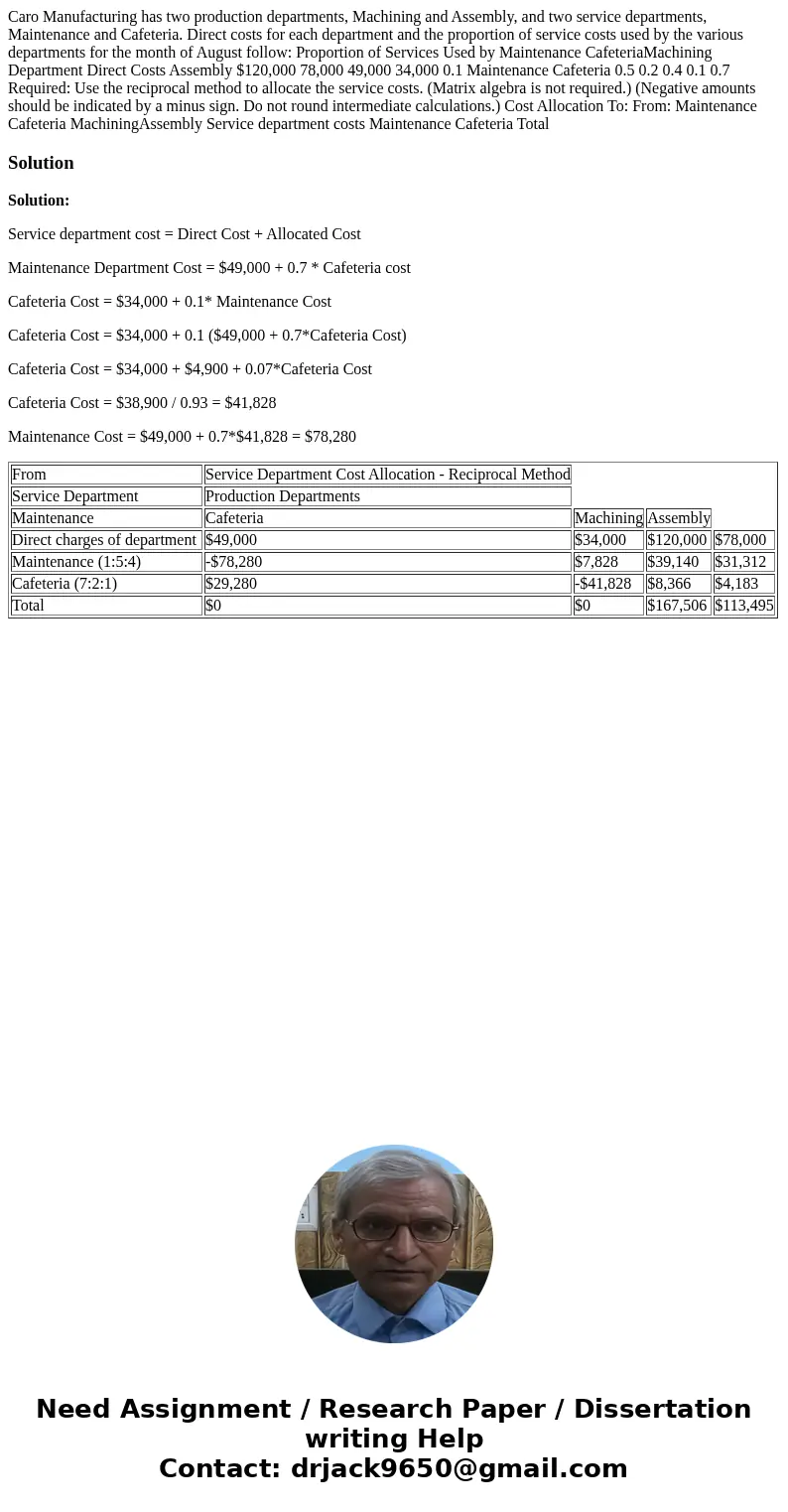  Caro Manufacturing has two production departments, Machining and Assembly, and two service departments, Maintenance and Cafeteria. Direct costs for each depart