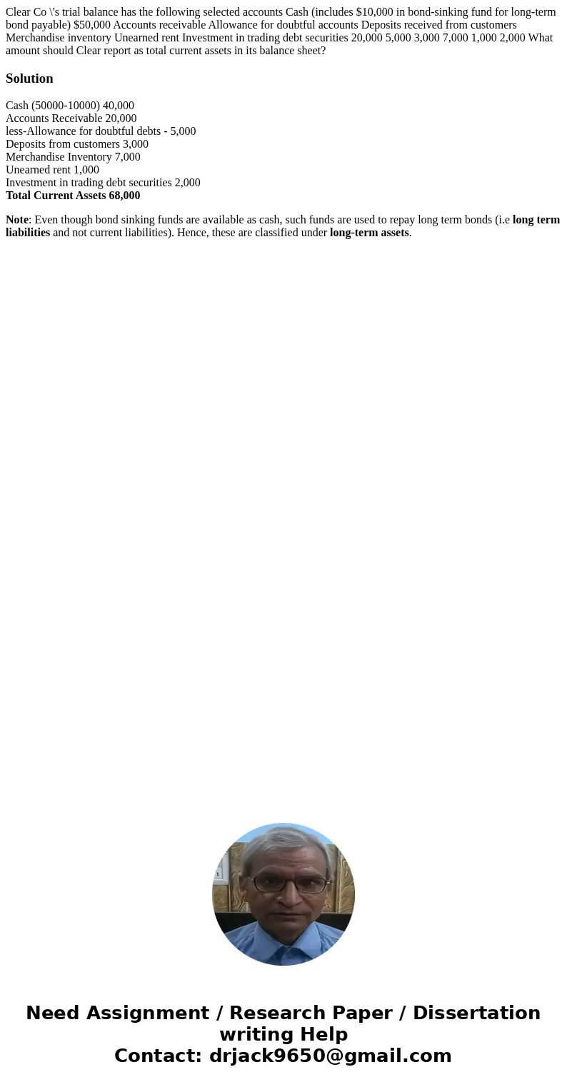 Clear Co \'s trial balance has the following selected accounts Cash (includes $10,000 in bond-sinking fund for long-term bond payable) $50,000 Accounts receiva  Clear Co \'s trial balance has the following selected accounts Cash (includes $10,000 in bond-sinking fund for long-term bond payable) $50,000 Accounts receiva