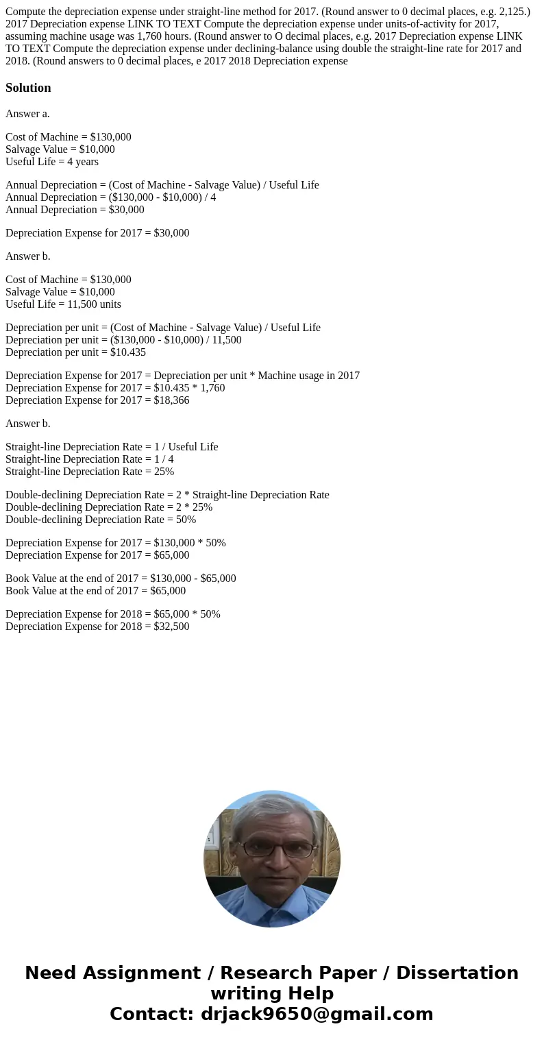  Compute the depreciation expense under straight-line method for 2017. (Round answer to 0 decimal places, e.g. 2,125.) 2017 Depreciation expense LINK TO TEXT Co