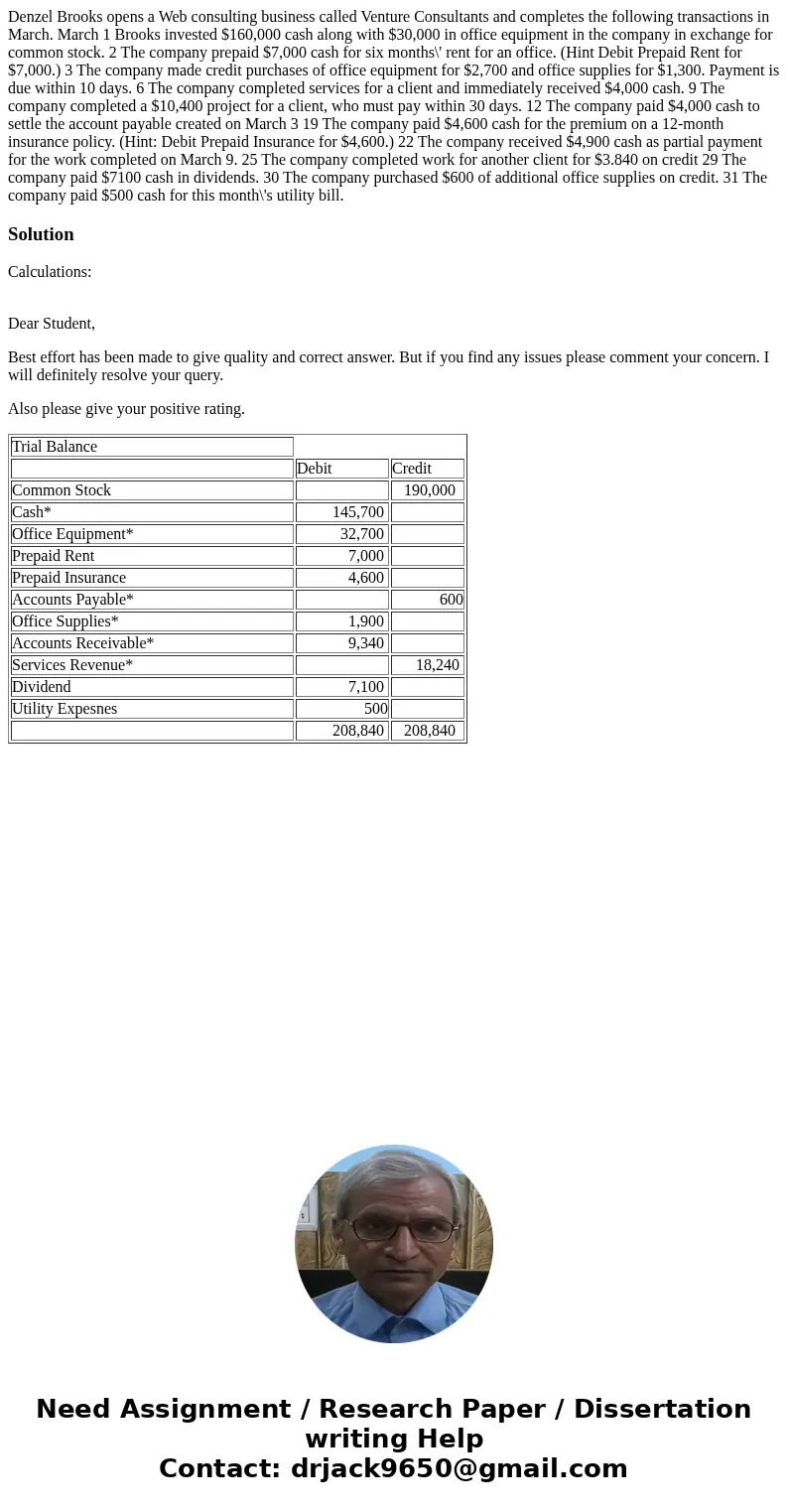  Denzel Brooks opens a Web consulting business called Venture Consultants and completes the following transactions in March. March 1 Brooks invested $160,000 ca