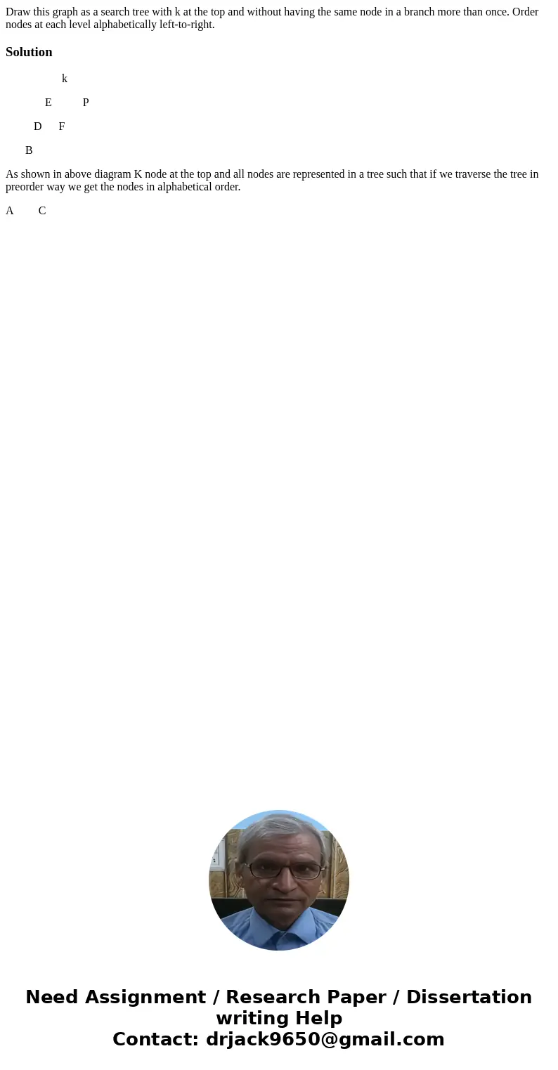 Draw this graph as a search tree with k at the top and without having the same node in a branch more than once. Order nodes at each level alphabetically left-t  Draw this graph as a search tree with k at the top and without having the same node in a branch more than once. Order nodes at each level alphabetically left-t