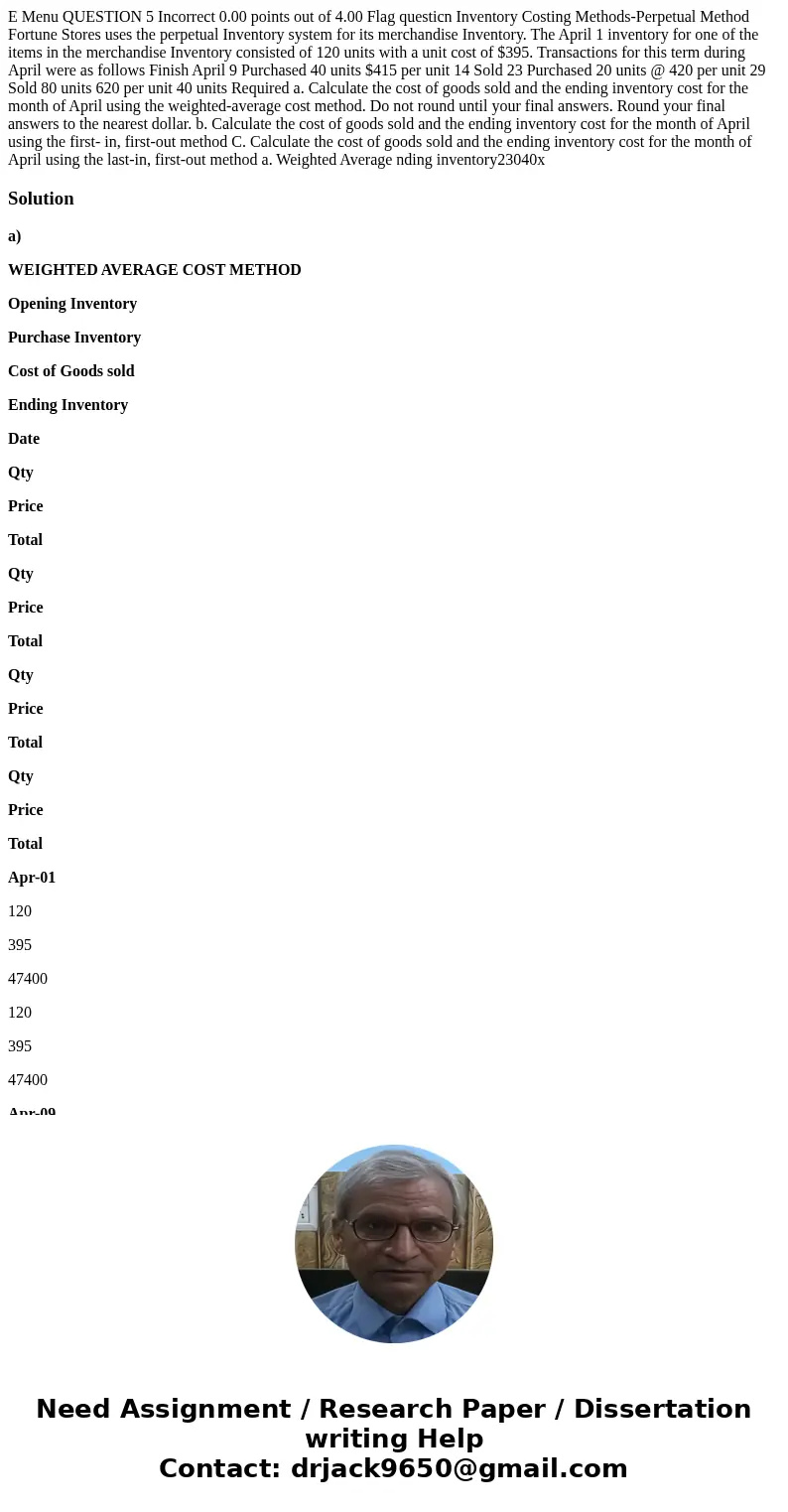  E Menu QUESTION 5 Incorrect 0.00 points out of 4.00 Flag questicn Inventory Costing Methods-Perpetual Method Fortune Stores uses the perpetual Inventory system