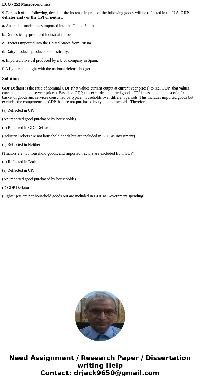 ECO - 252 Macroeconomics 9. For each of the following, decide if the increase in price of the following goods will be reflected in the U.S. GDP deflator and / o