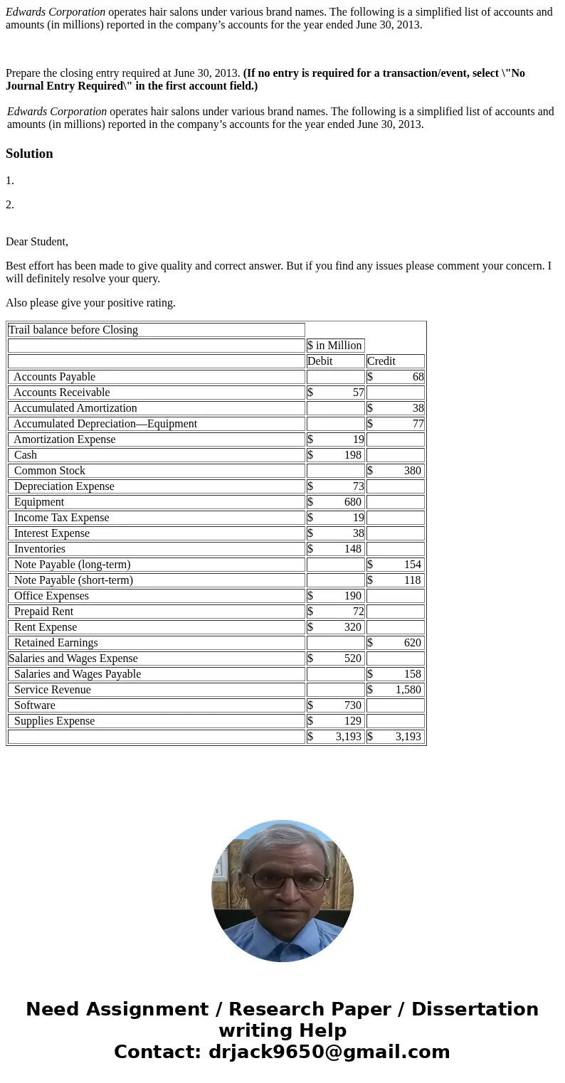 Edwards Corporation operates hair salons under various brand names. The following is a simplified list of accounts and amounts (in millions) reported in the com
