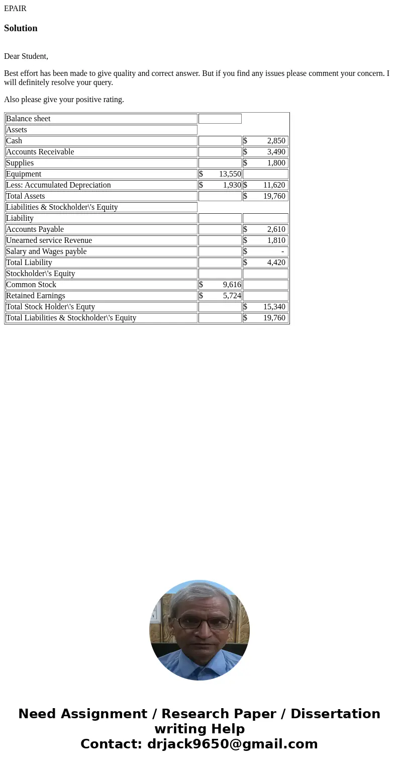  EPAIR Solution Dear Student, Best effort has been made to give quality and correct answer. But if you find any issues please comment your concern. I will defin