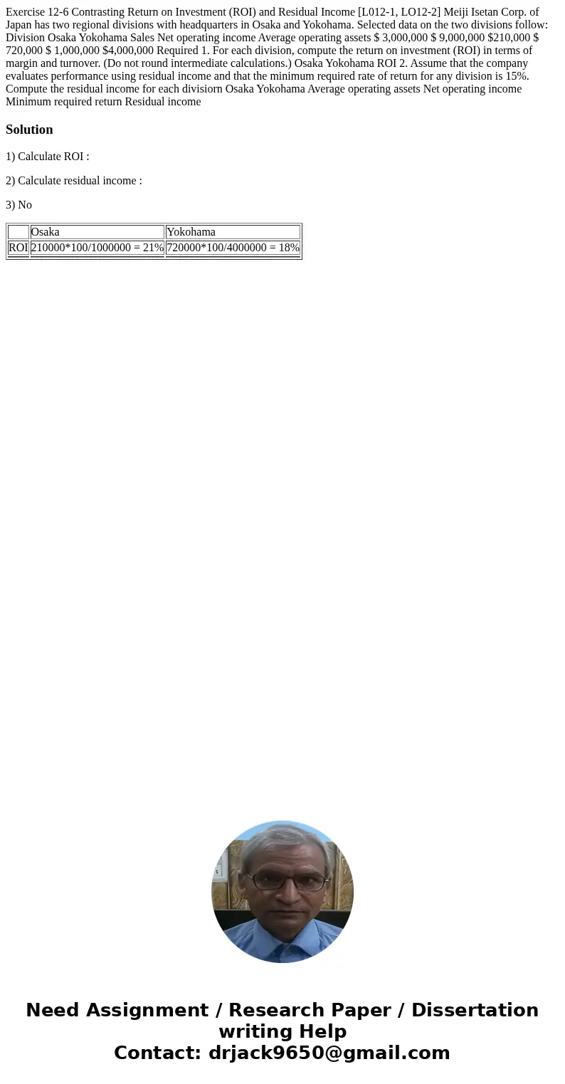  Exercise 12-6 Contrasting Return on Investment (ROI) and Residual Income [L012-1, LO12-2] Meiji Isetan Corp. of Japan has two regional divisions with headquart